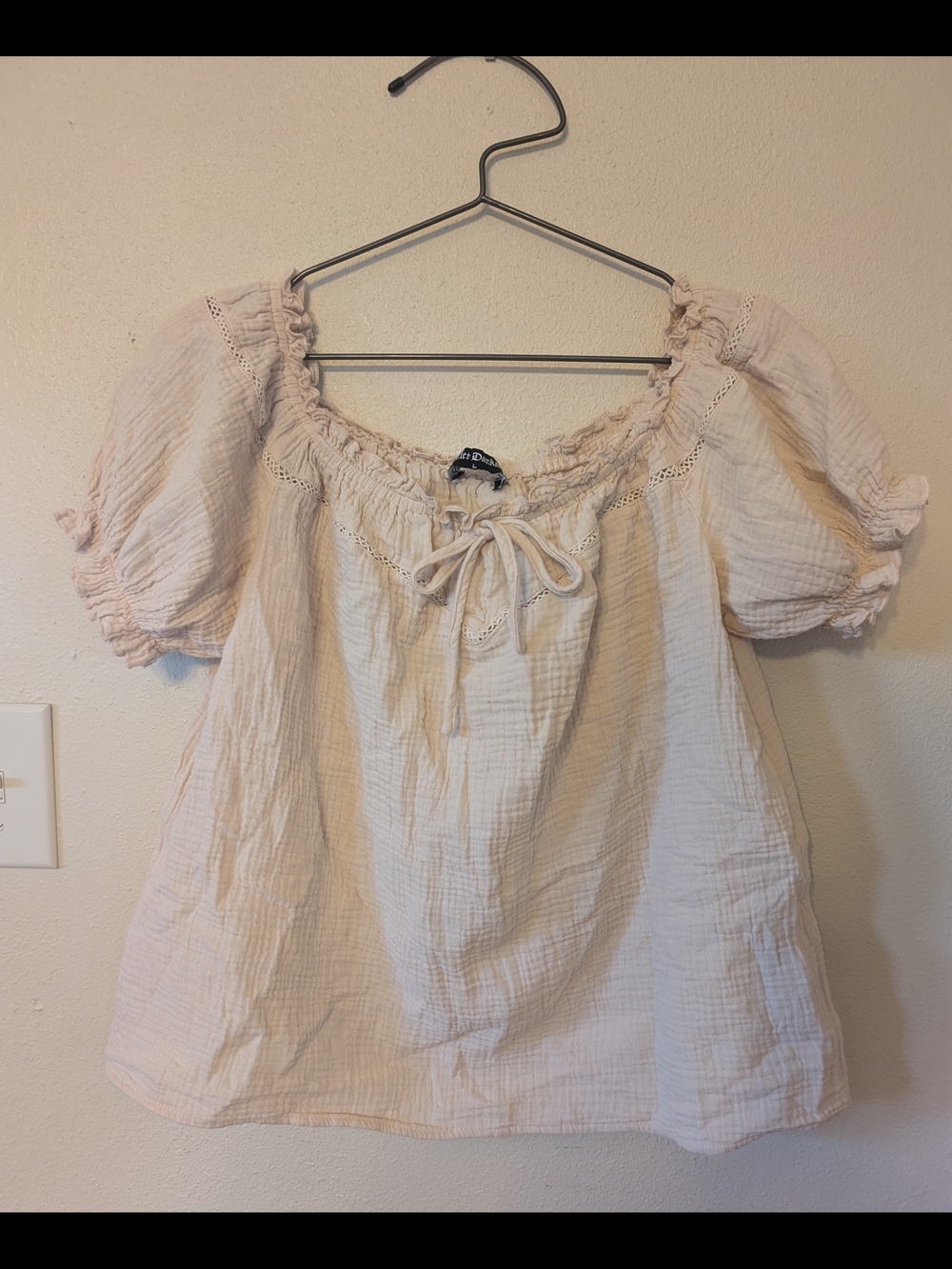 Cream Tan Cotton Peasant Top with Tie Neck L